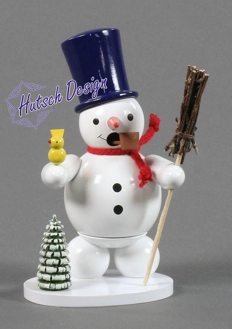 Räuchermann Schneemann mit Zylinderhut, Baum und Vogel 13cm