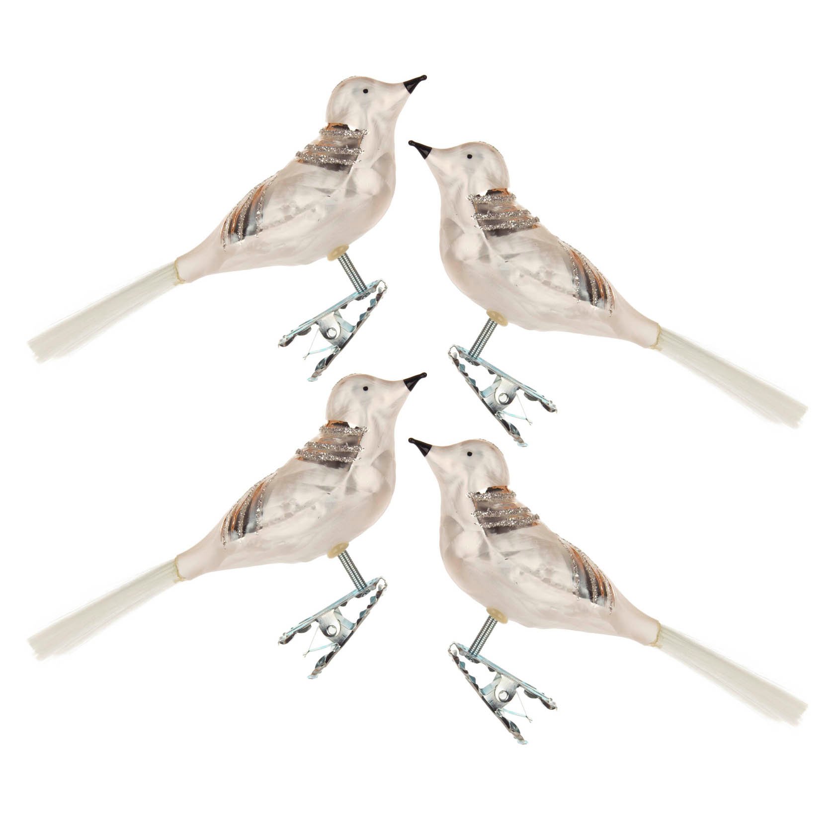 Thüringer Christbaumschmuck Vogel eisweiß mit Silberglimmer (4) 13cm