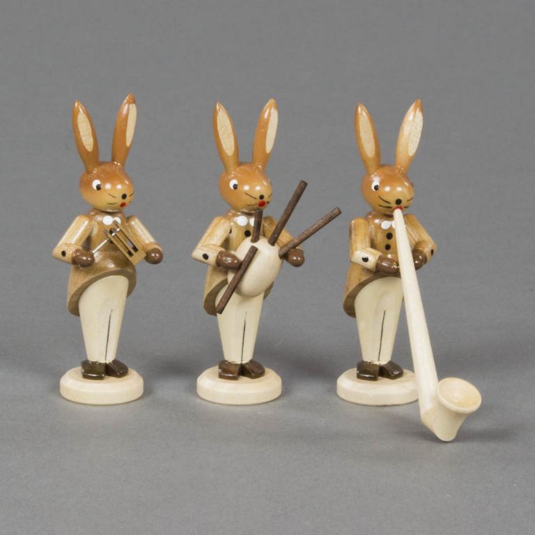 Hasentrio mit Alphorn, Dudelsack und Rassel, natur 8cm