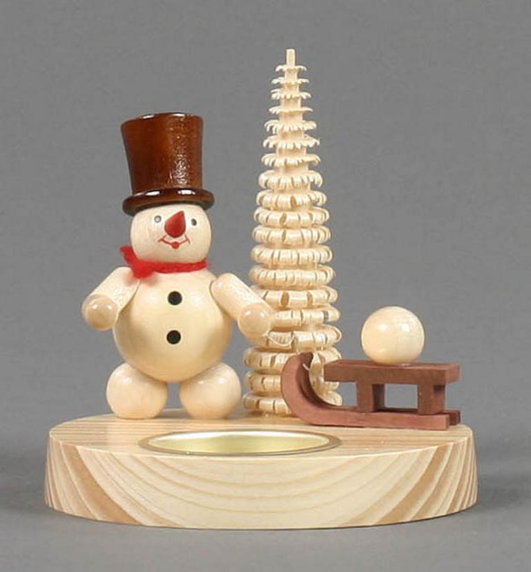 Teelichthalter Schneemann mit Schlitten, natur