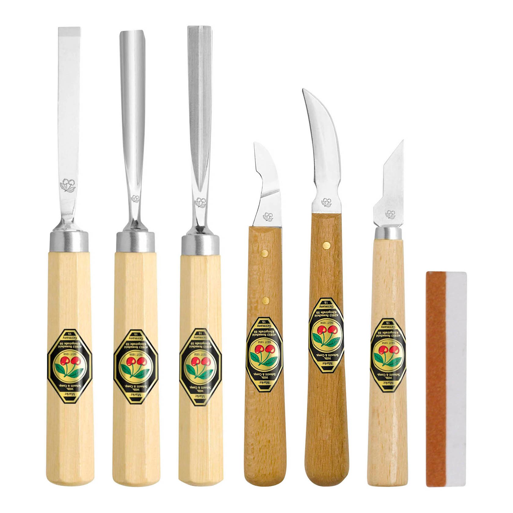 7-tlg.Satz Schnitzgarnitur 3 Beitel, 3 Messer 1 Abziehstein 7-tlg.Satz Schnitzgarnitur 3 Beitel, 3 Messer 1 Abziehstein