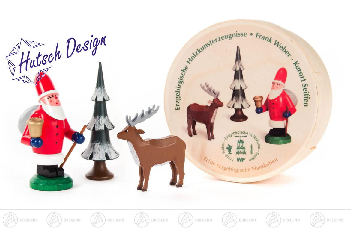 Weihnachtsmann, Baum und Hirsch in der Spandose