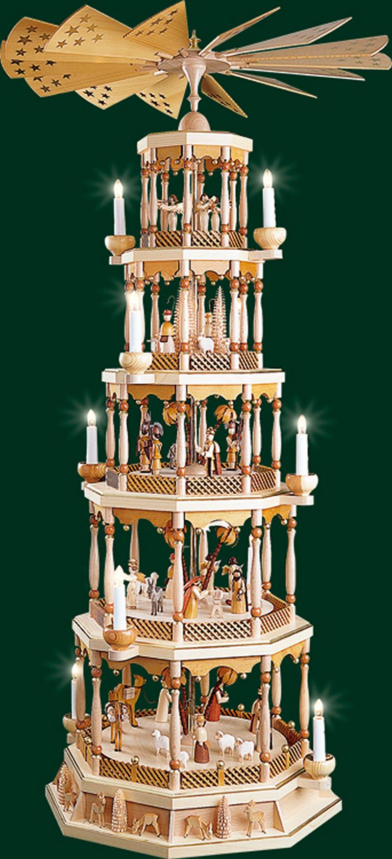 Pyramide Chr. Geburt 5-st., natur, el.m. 22er Spw. St.Nacht  123 cm