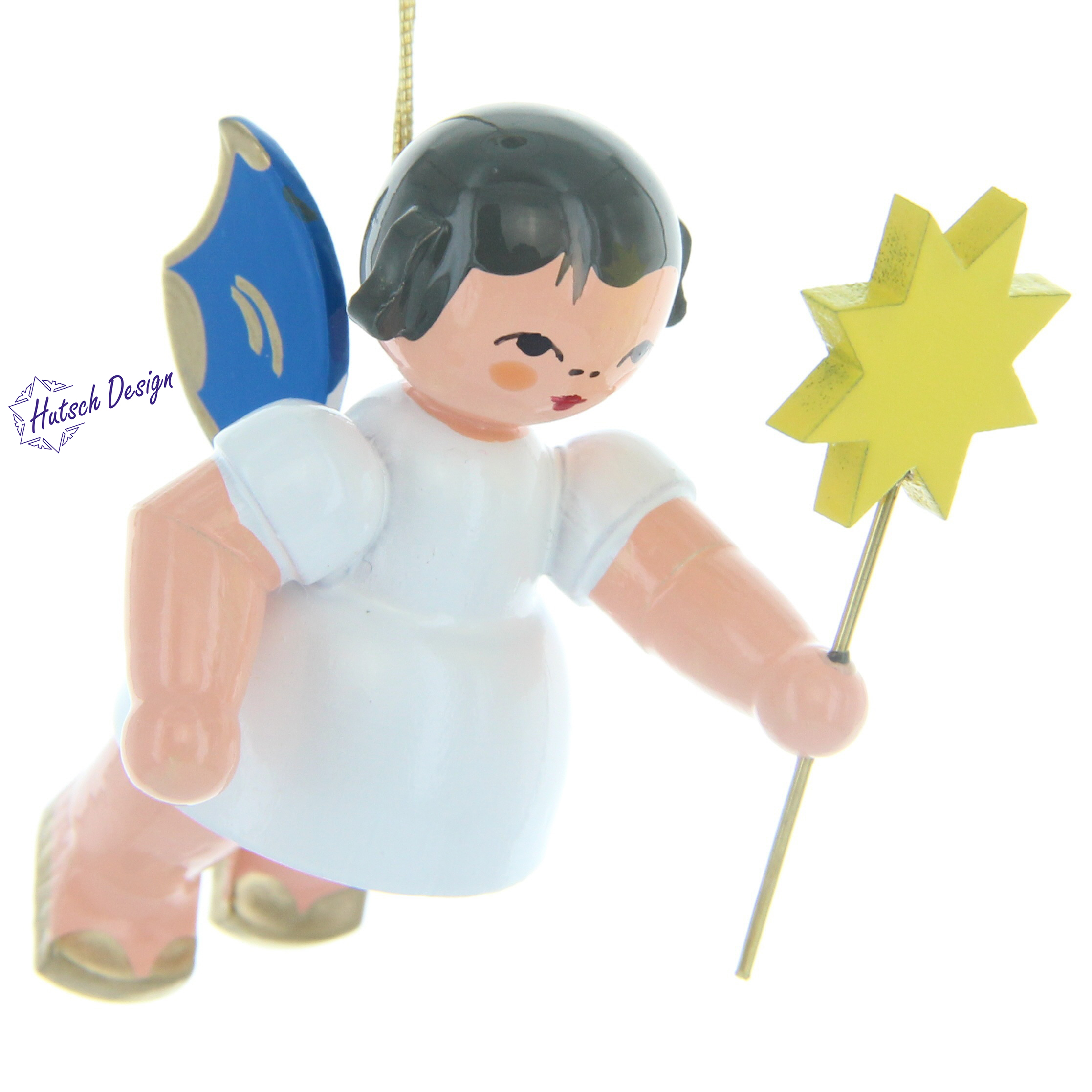 Engel schwebend mit Stern, blaue Flügel