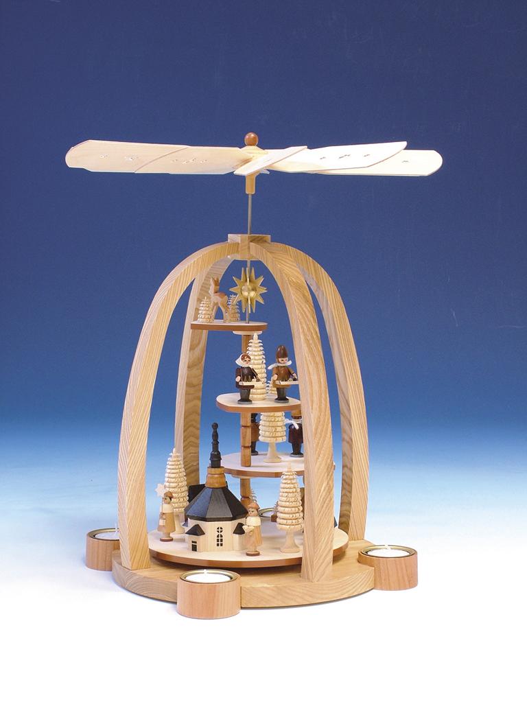 Teelichtpyramide Treppe m. Reh  Seiffener Kirche mit Kurrende u. Laternenkindern 40cm