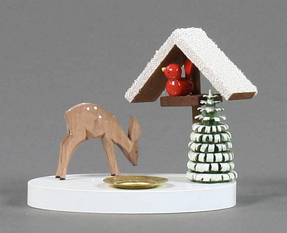 Kerzenhalter mit Vogelhaus und Reh, für Kerze d14mm Kerzenhalter mit Vogelhaus und Reh, für Kerze d14mm