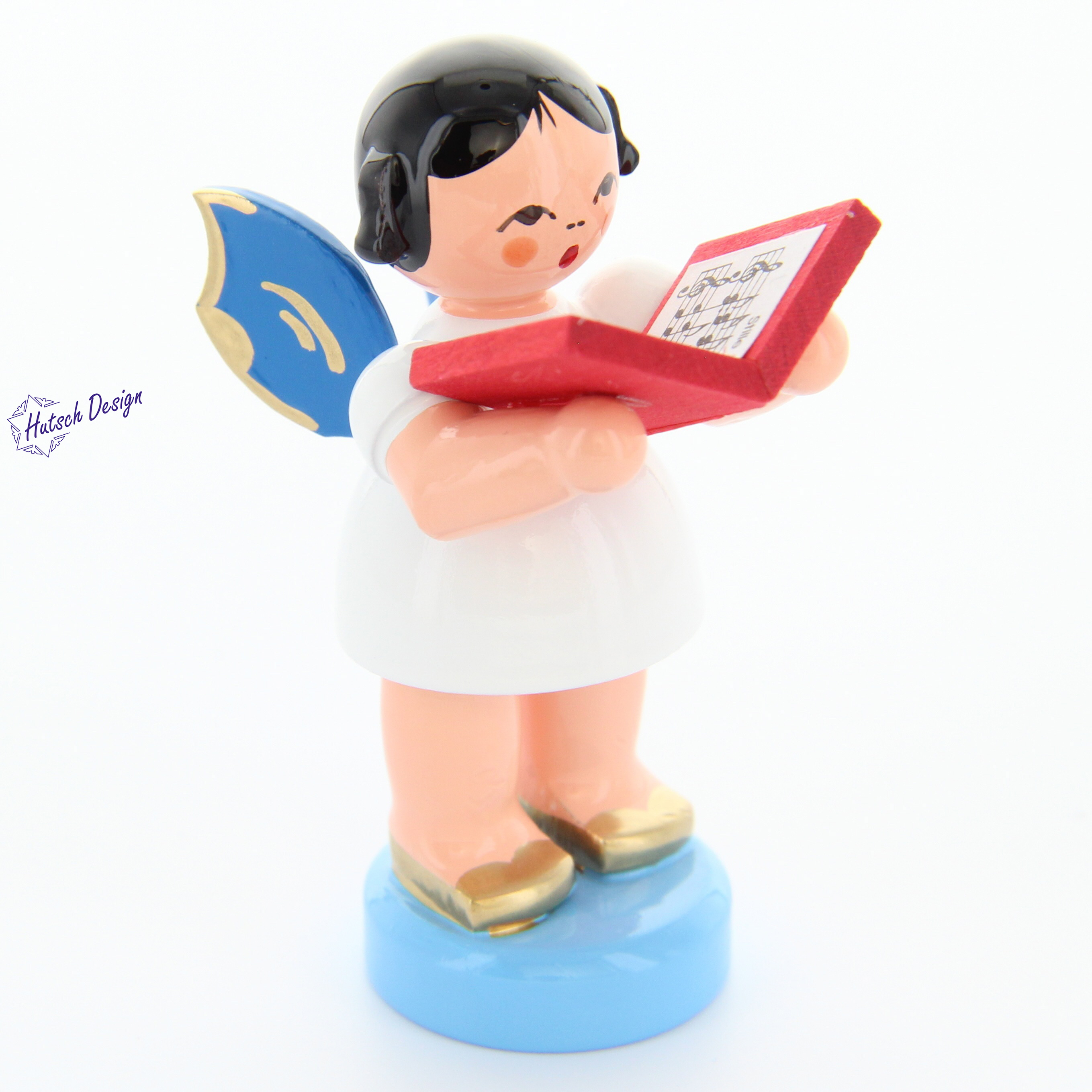 Engel stehend mit Buch, blaue Flügel