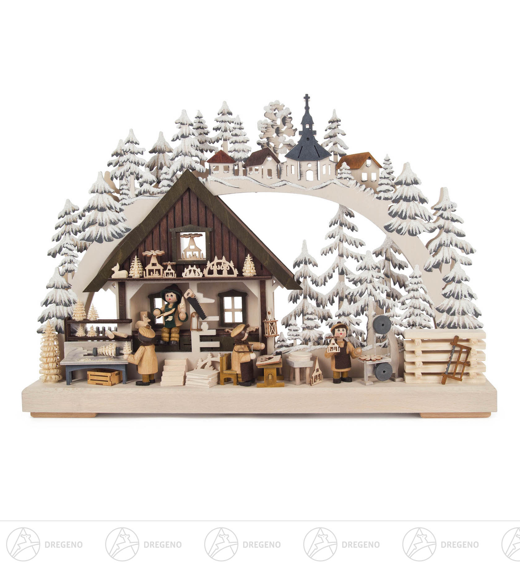 Schwibbogen Kunsthandwerk 3 D klein, grau mit Raureif und LED-Beleuchtung 29x43cm