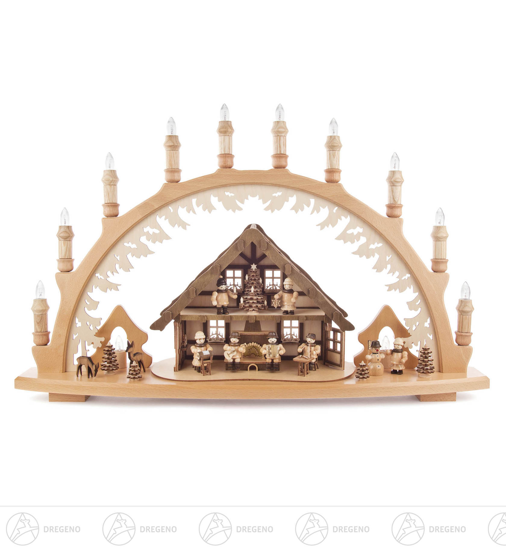 Schwibbogen Hutzenstube mit Figuren und elektr. Beleuchtung 42x66cm