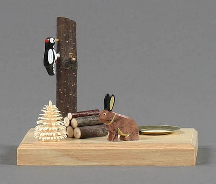 Kerzenhalter mit Hase und Specht, für Kerze d14mm