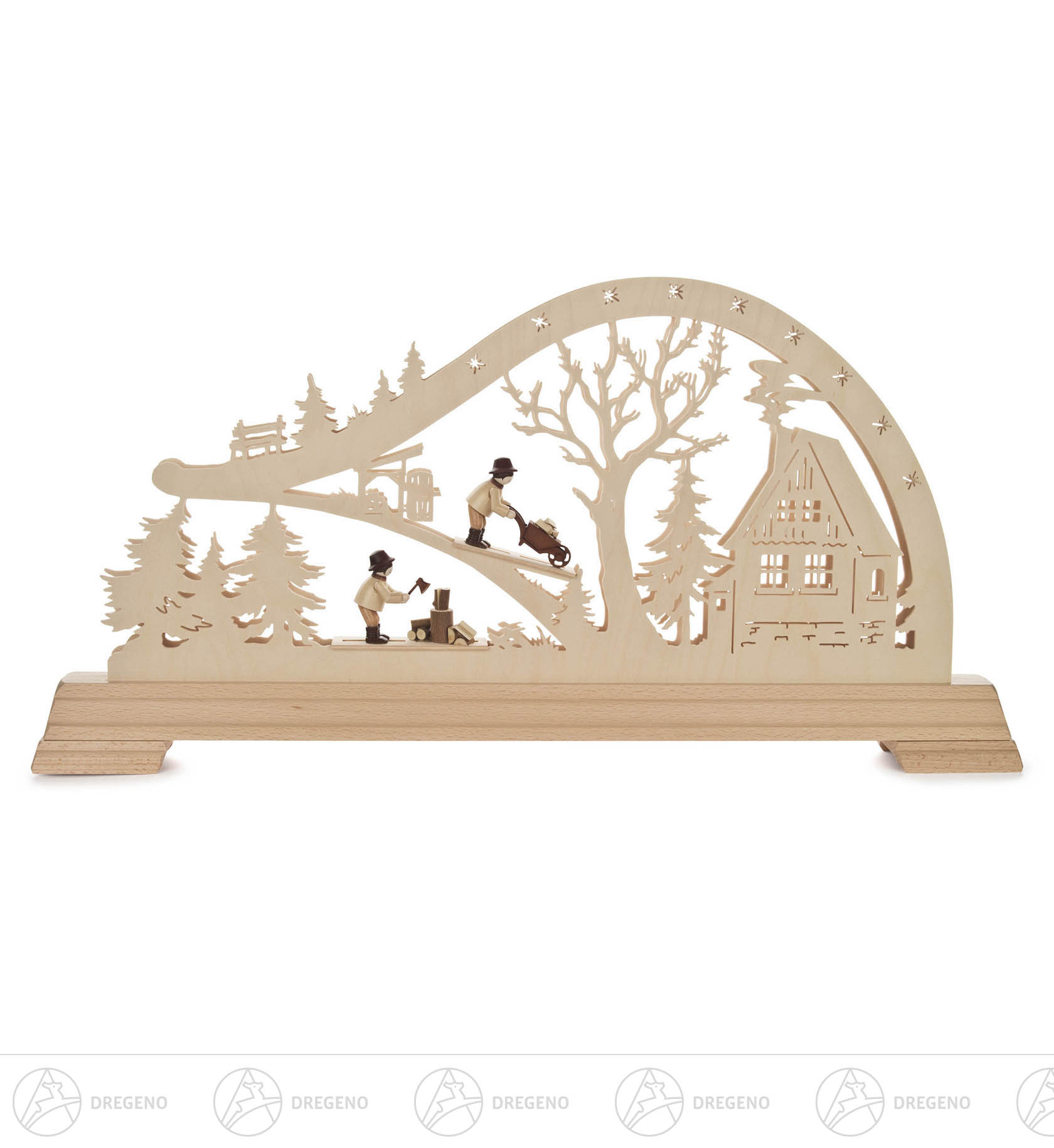 Schwibbogen Waldhütte mit Waldarbeiter und LED Beleuchtung 32x63cm Schwibbogen Waldhütte mit Waldarbeiter und LED Beleuchtung 32x63cm