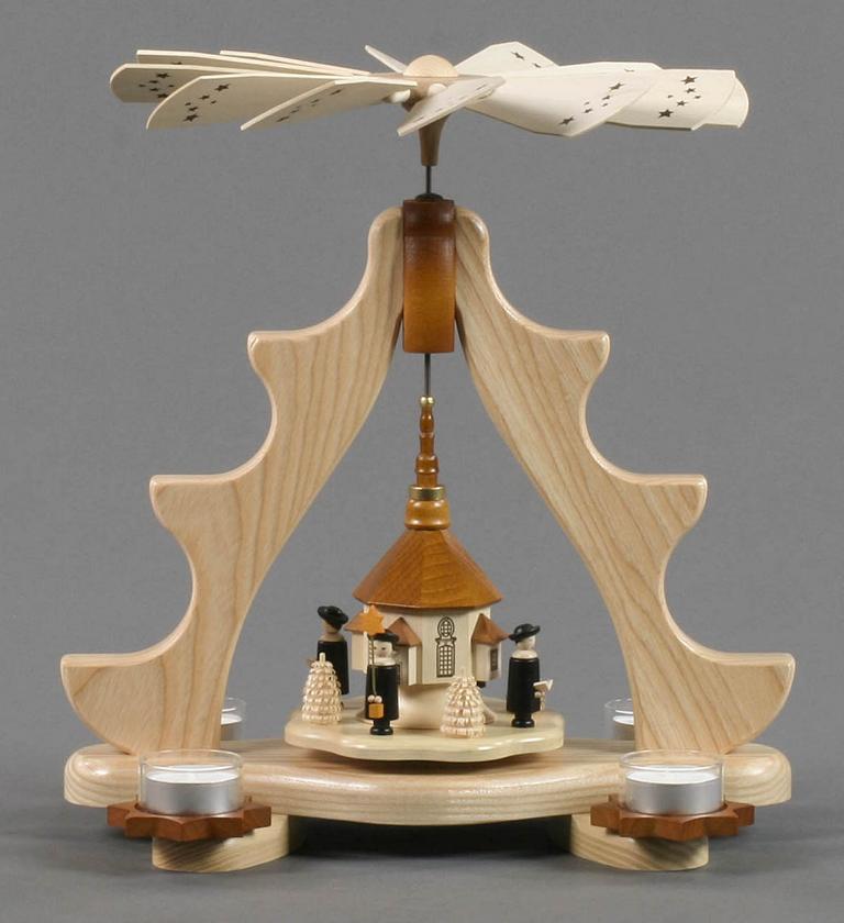 Pyramide mit Seiffener Kirche und Kurrende klein, für Teelichte