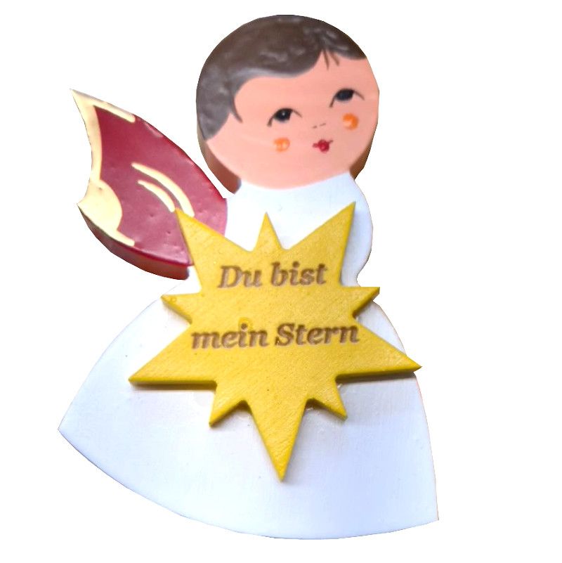 Magnetpin Engel mit Stern, Flügel rot, lasiert und handbemalt, Text: Du bist mein Stern