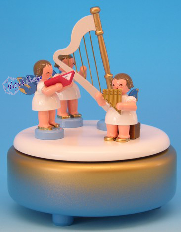 Spieldose bl/weiß/go, 3 Engel, Harfe, Fl. blau