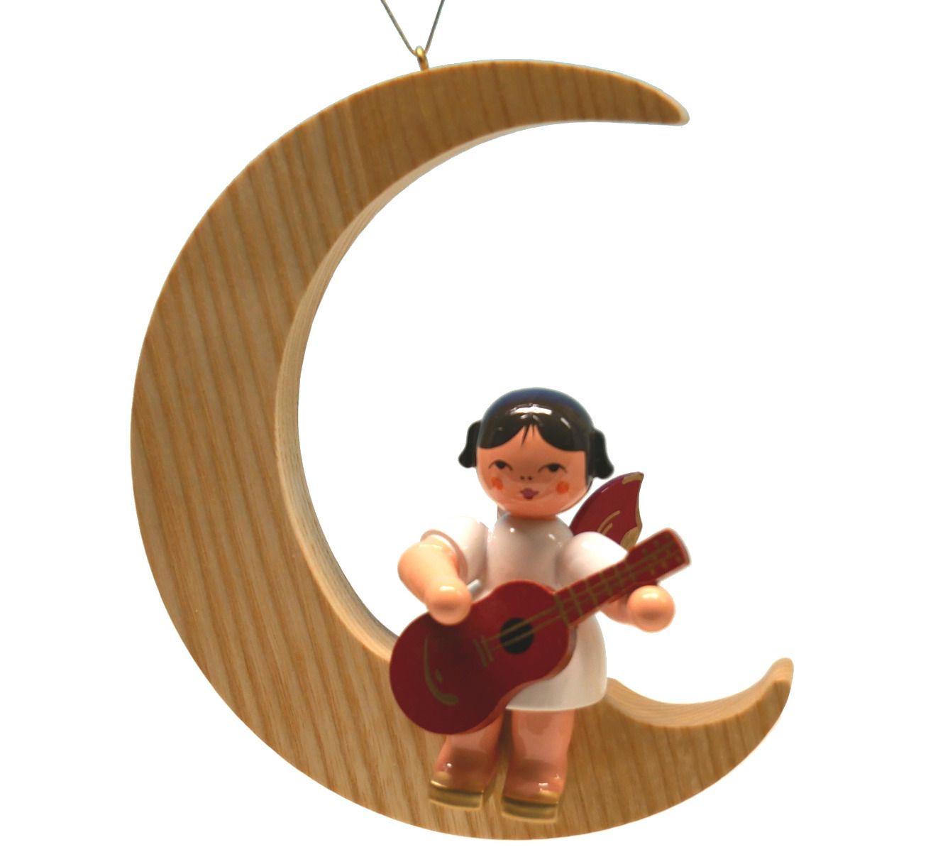 Engel sitzend groß mit Gitarre, Flügel rot, Mond natur