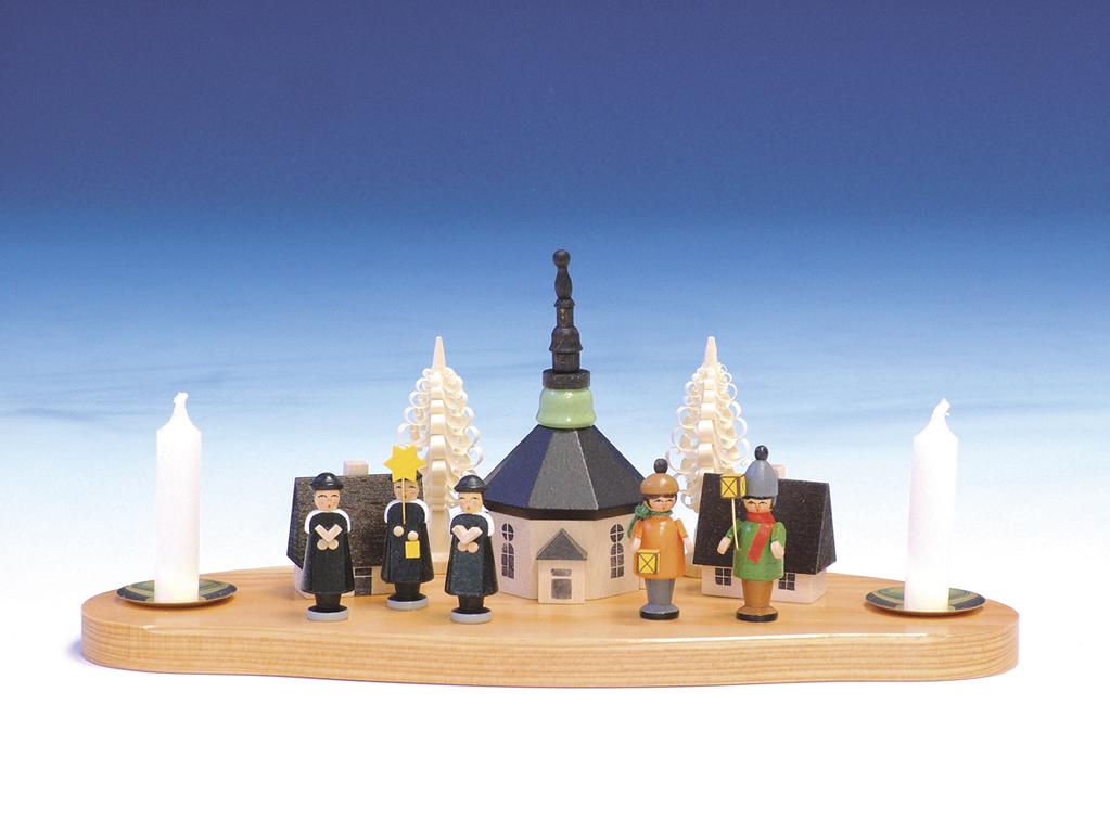 mit Seiffener Kirche und Laternenkinder auf Sockel  bunt B 30 cm