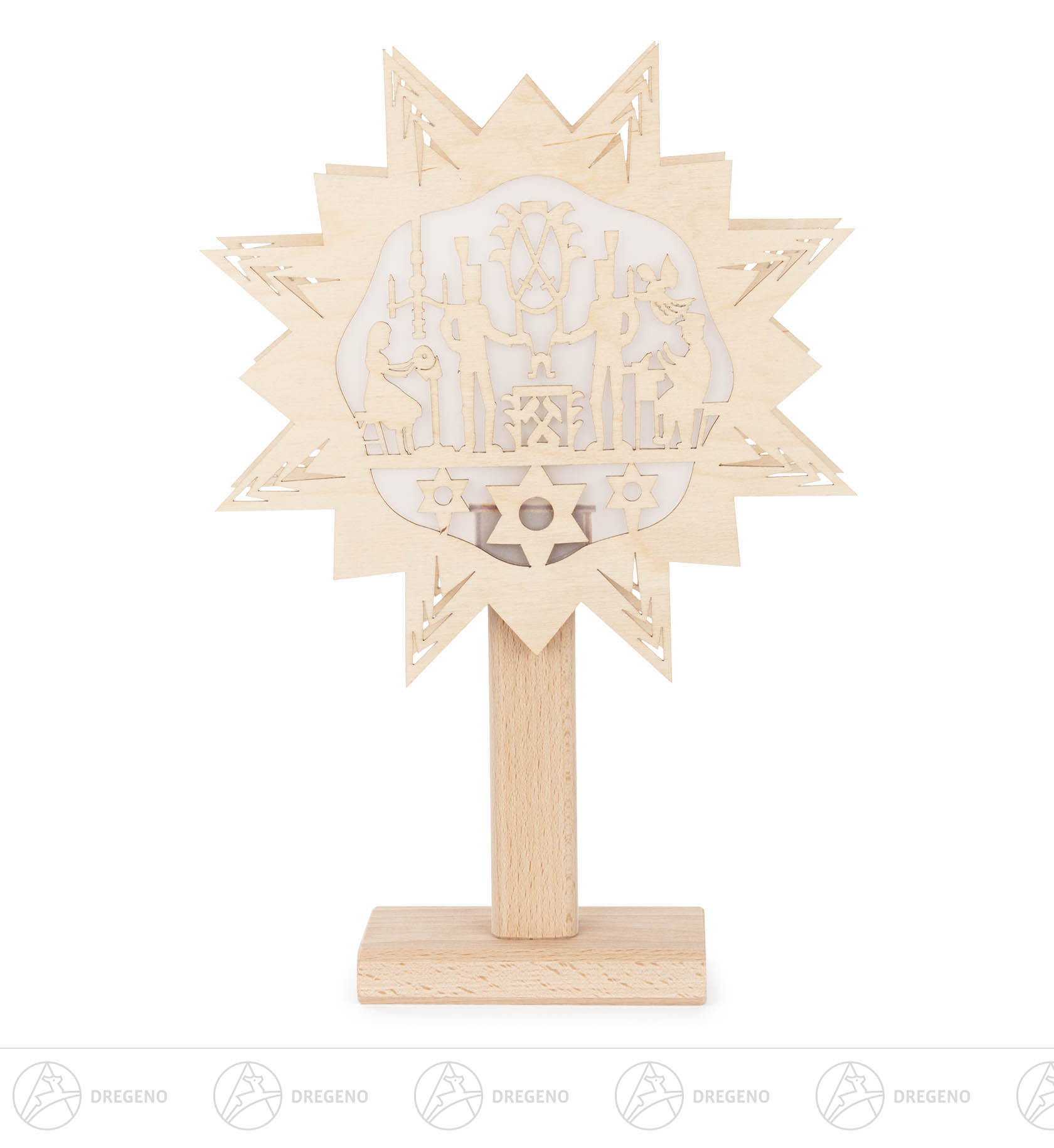 Fensterbild Erzgebirge auf Sockel mit Papier hinterlegt u.elektr. Beleuchtung