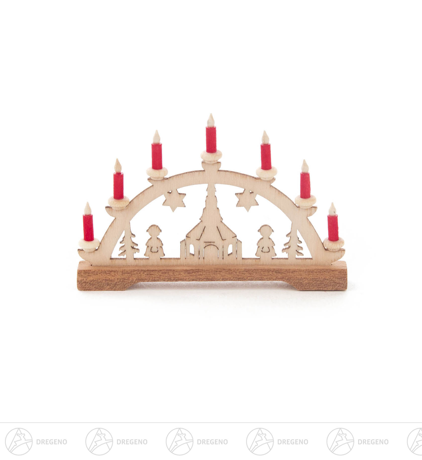 Mini Schwibbogen Kirche, rote Kerzen 4x7cm Mini Schwibbogen Kirche, rote Kerzen 4x7cm