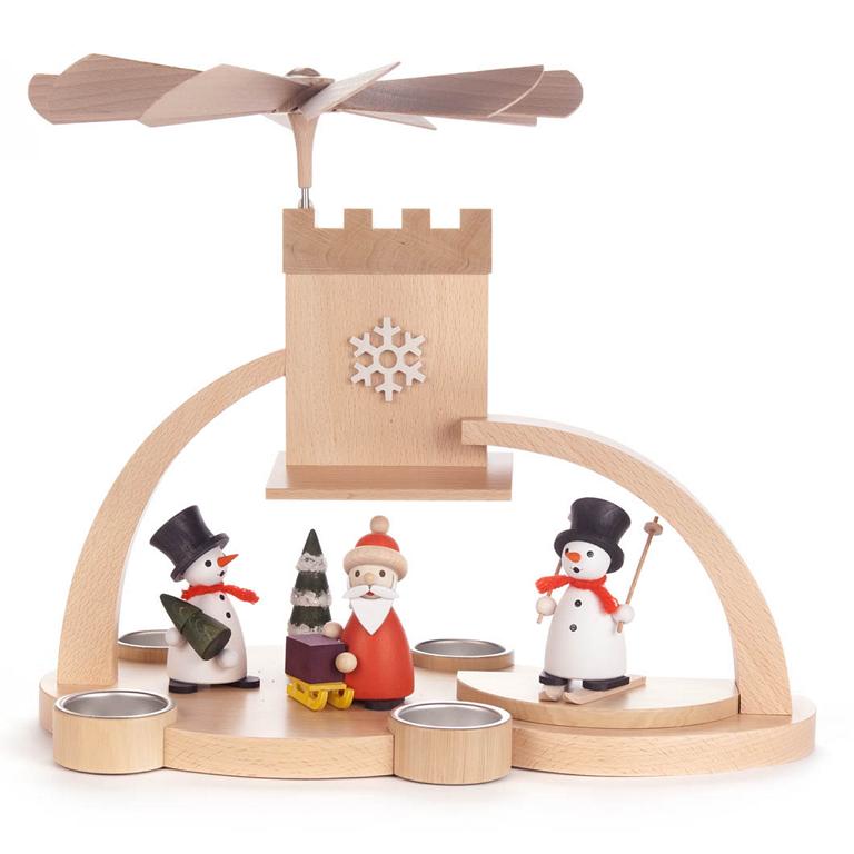 Weihnachtspyramide mit Schneemännern und Weihnachtsmann, ohne Laufscheibe, für Teelichte