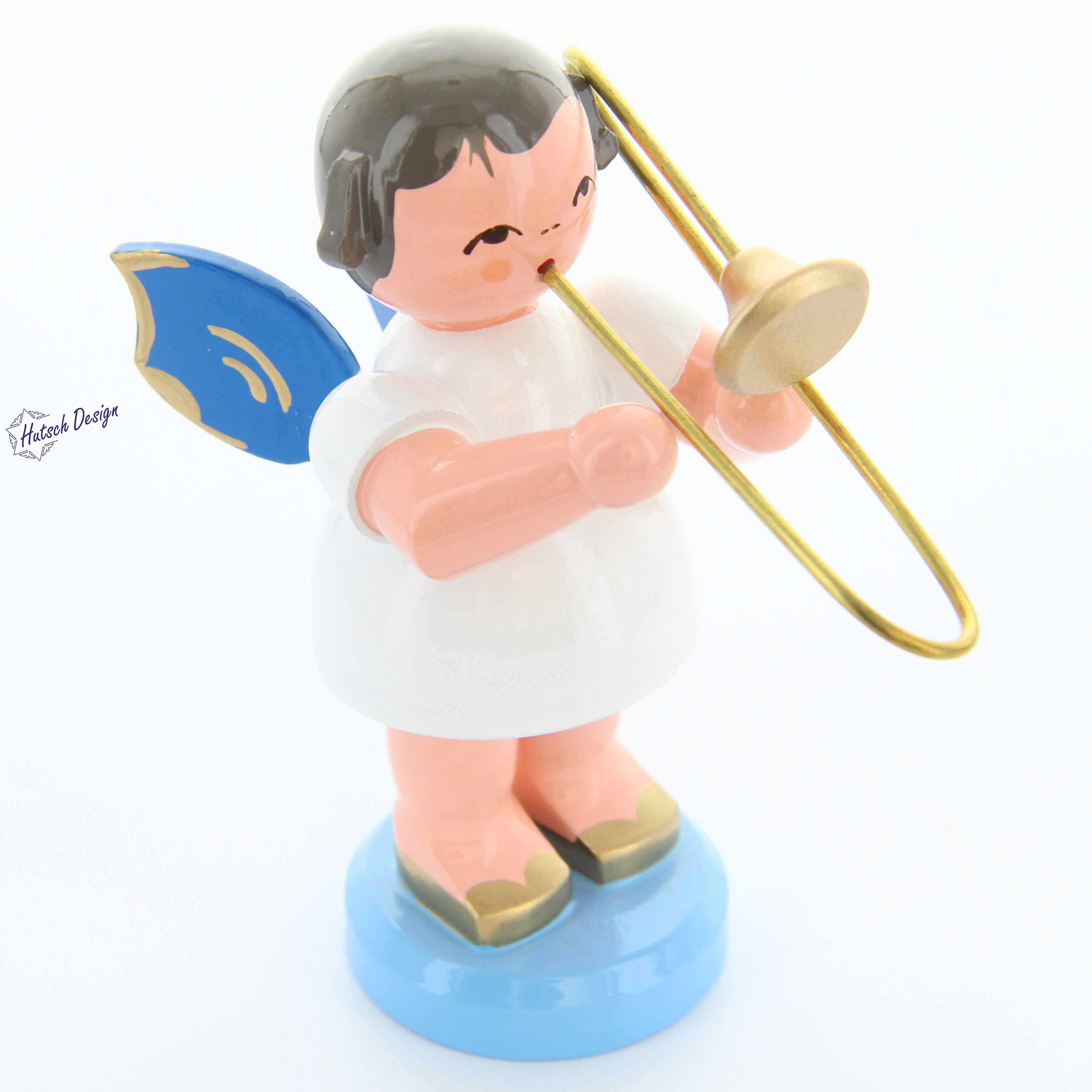 Engel stehend groß mit Posaune, blaue Flügel