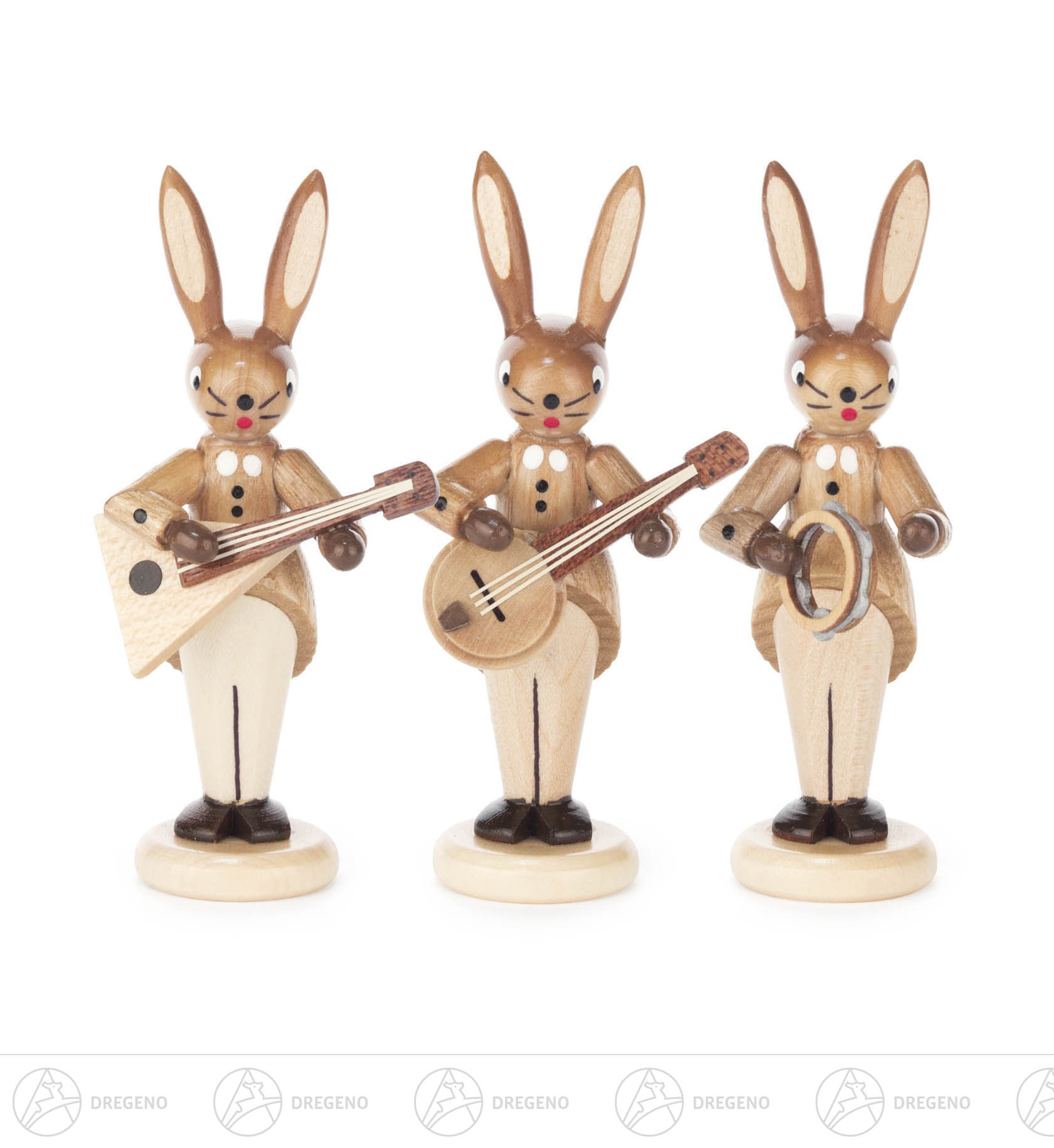 Hasentrio mit Balalaika, Banjo und Schellenring, natur 8cm