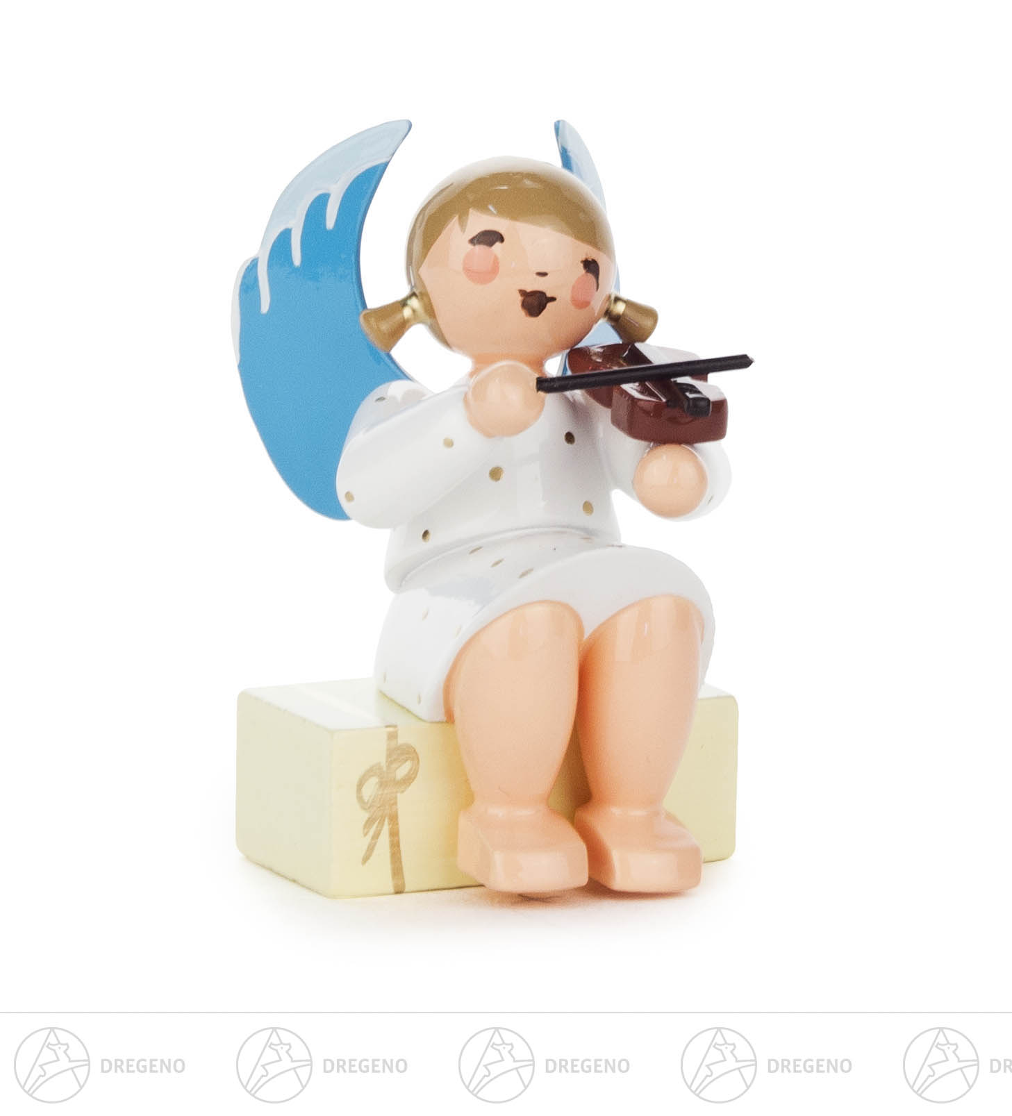 Engel mit Geige auf Geschenkpaket sitzend 5cm