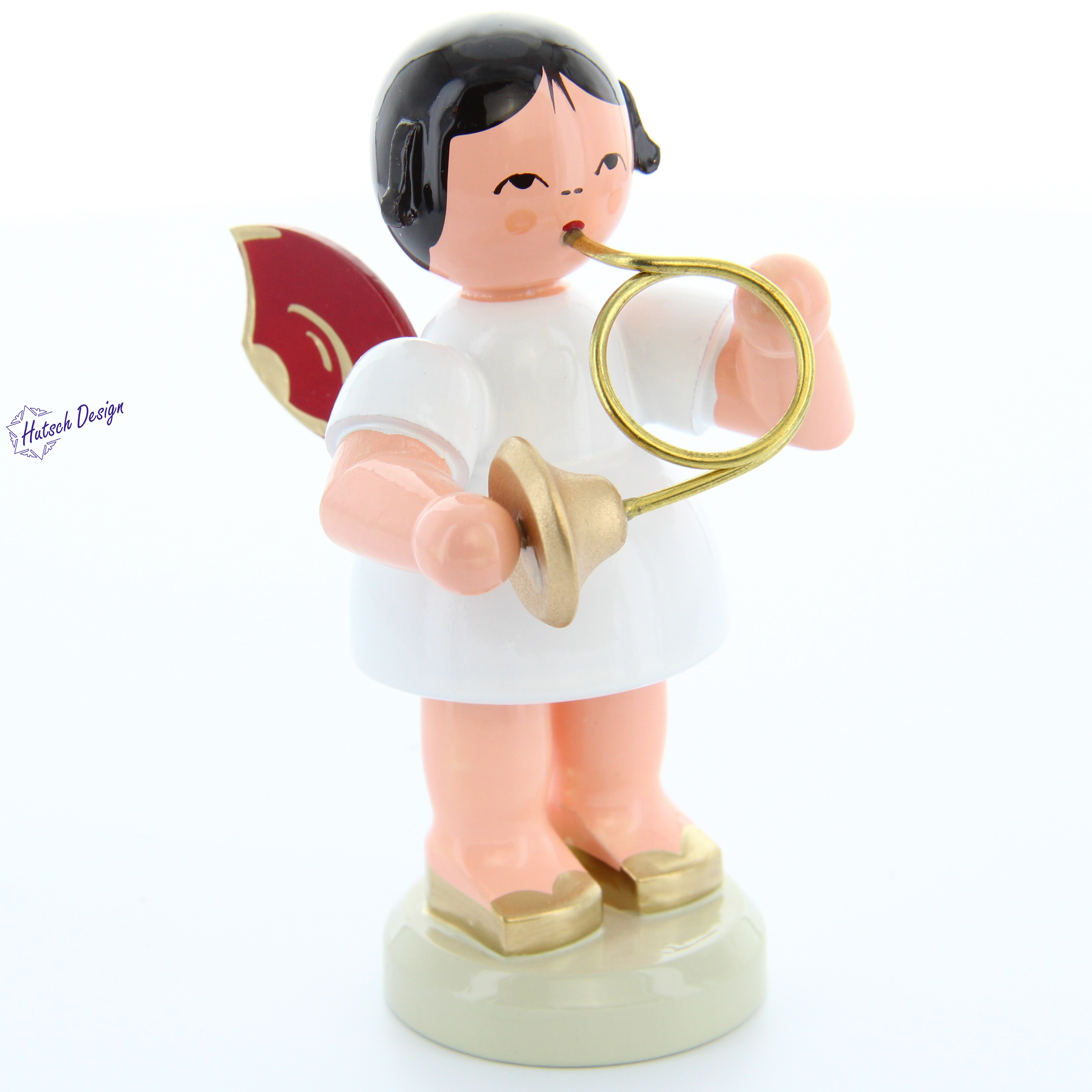 Engel stehend groß mit Waldhorn, rote Flügel