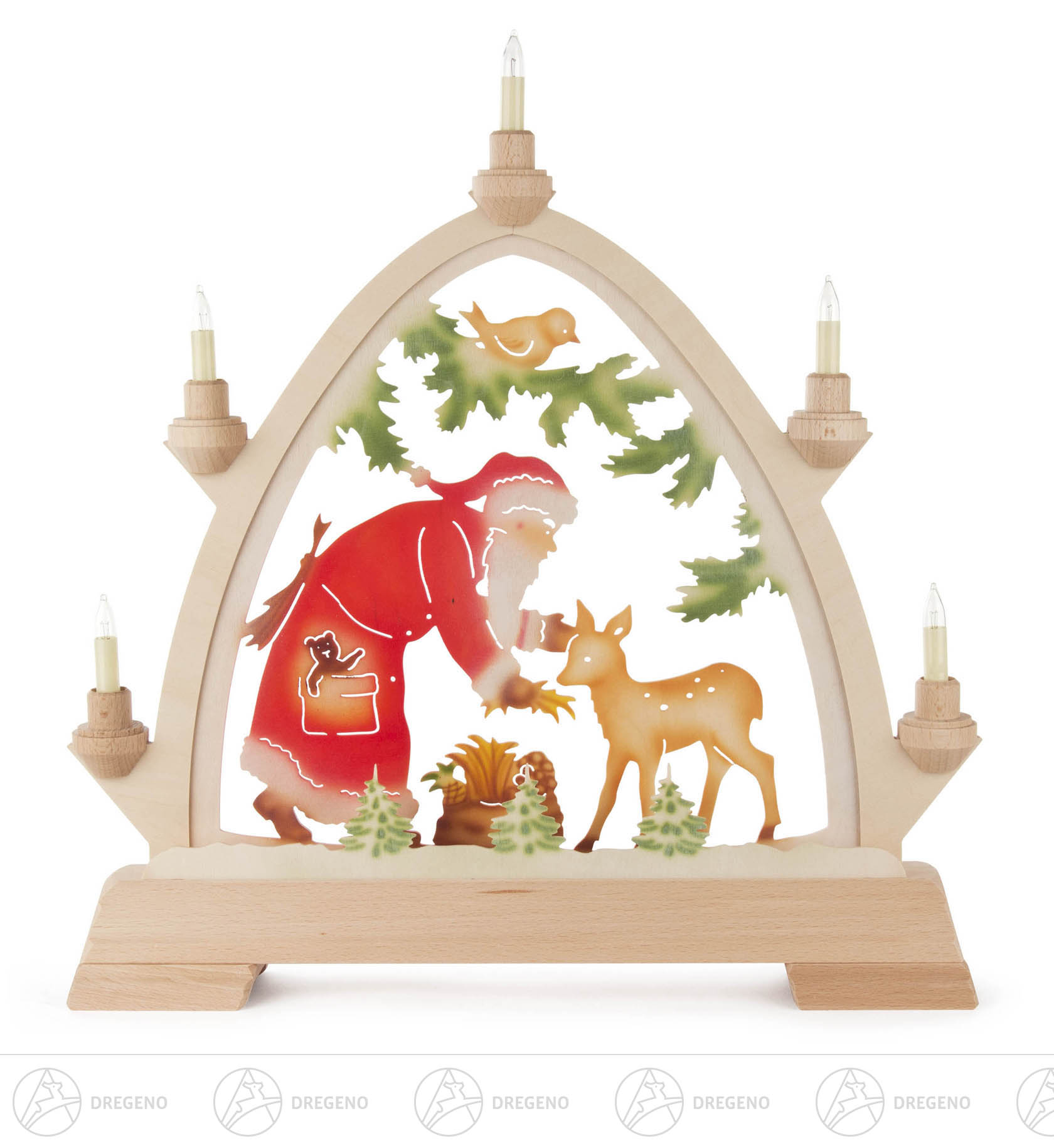 Rundbogen mit Weihnachtsmann und Reh farbig mit elektr.Beleuchtung 42x42cm