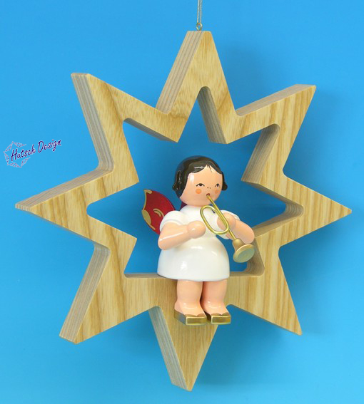 Engel sitzend groß mit Trompete, Flügel rot, Stern natur