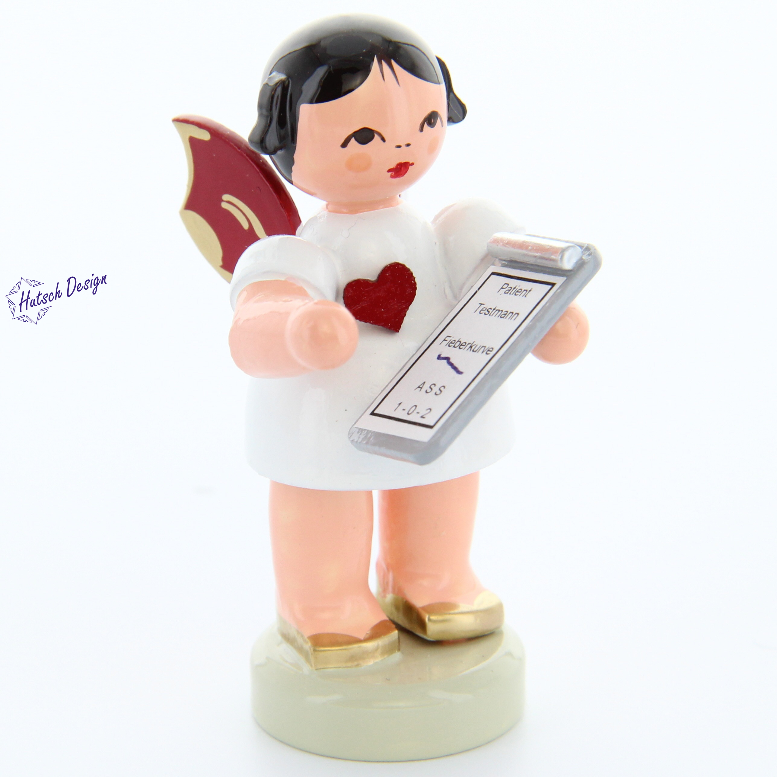 Herzengel stehend mit Krankenakte, rote Flügel