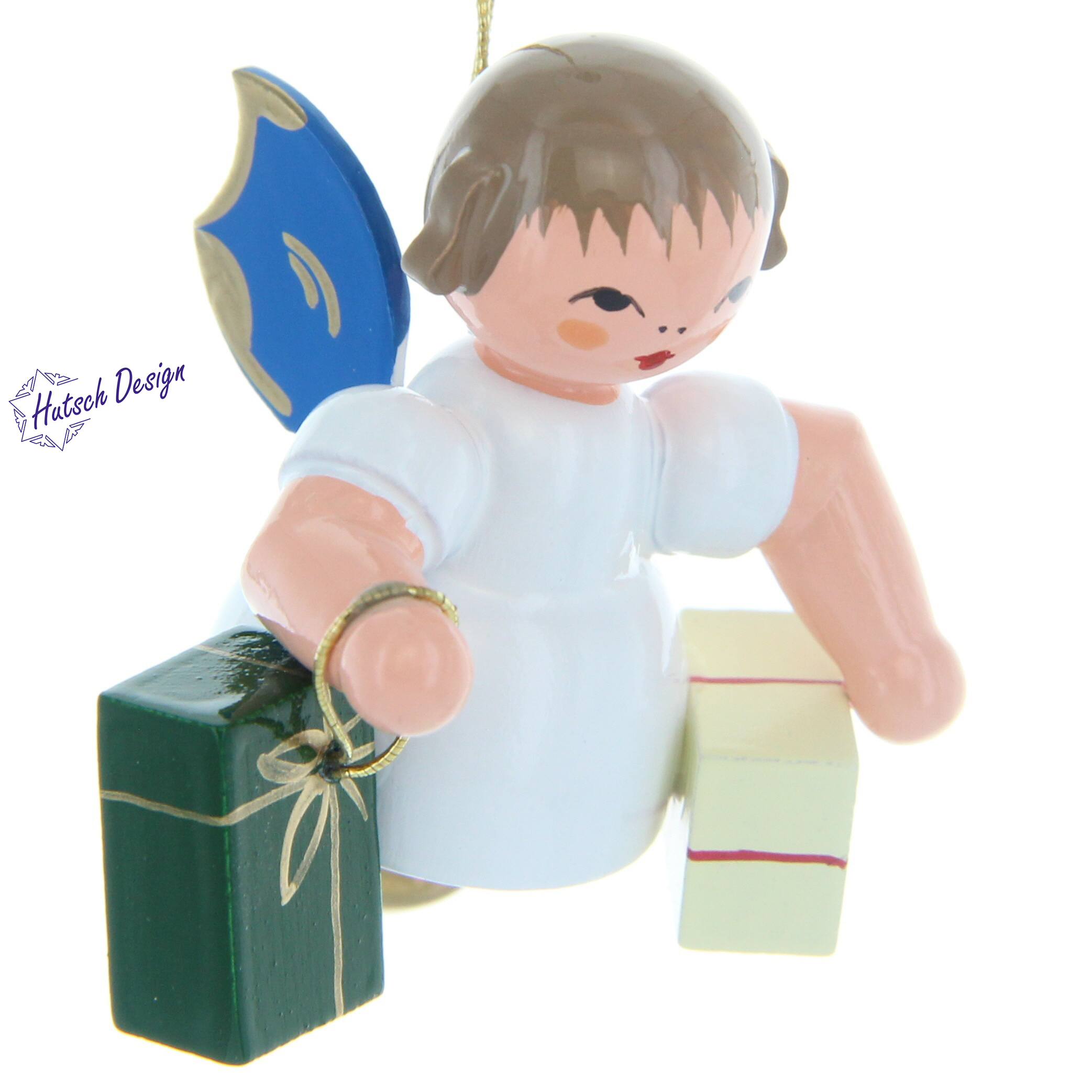 Engel schwebend mit 2 Geschenken, blaue Flügel