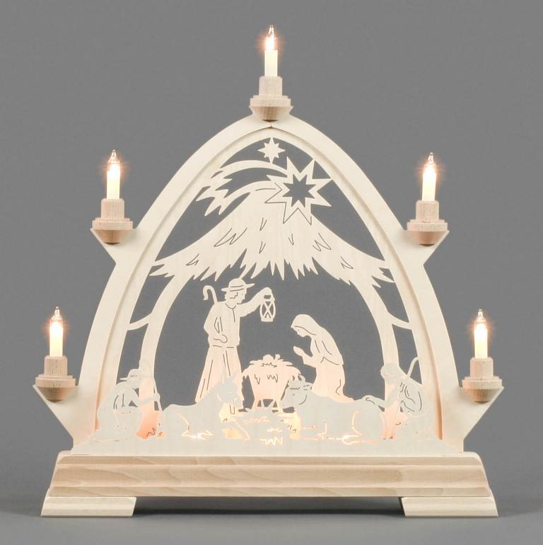 Gotischer Bogen mit Christi Geburt, elektrisch beleuchtet