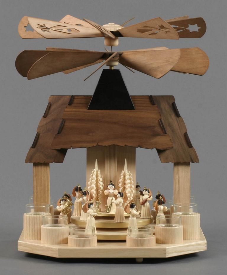 Pyramide mit Engeln, 2 Teller und 2 Flügelräder, für Teelichte Pyramide mit Engeln, 2 Teller und 2 Flügelräder, für Teelichte