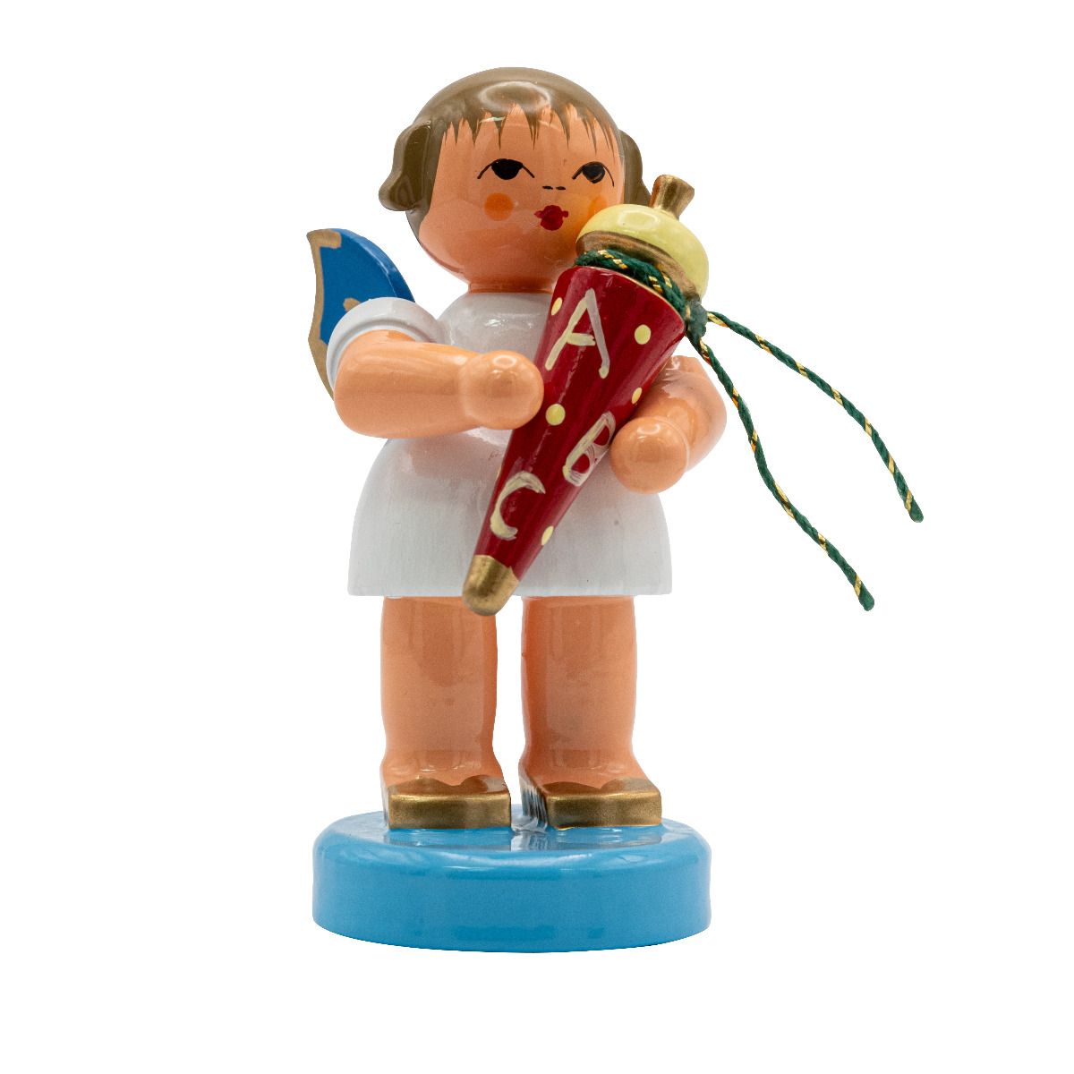 Engel stehend mit Zuckertüte, blaue Flügel 6cm