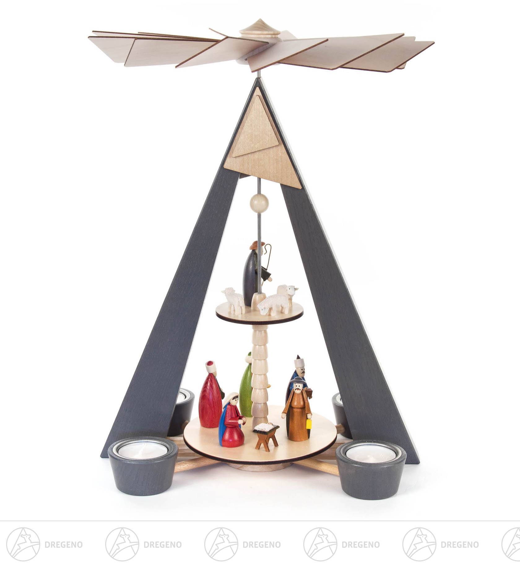 Pyramide mit Christi Geburt grau und farbigen Figuren, 2-stöckig, für Teelichte
