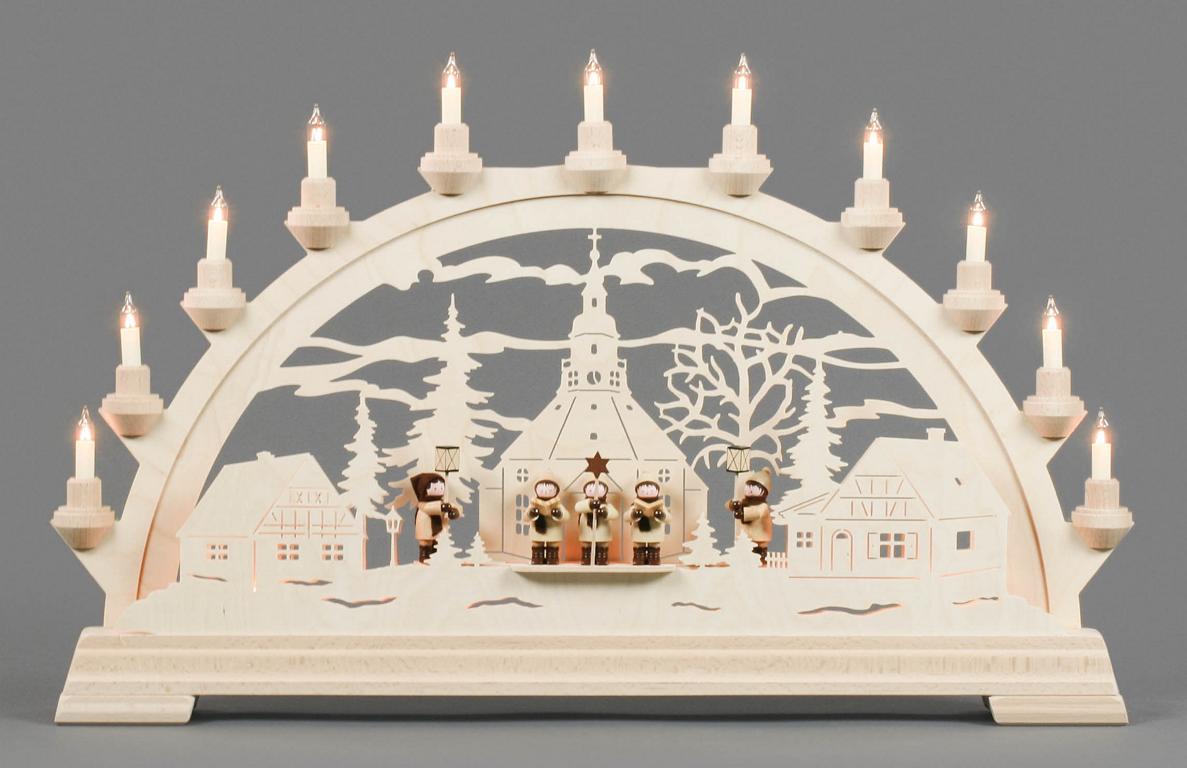 Schwibbogen mit Seiffener Dorf und Kurrende, elektrisch beleuchtet