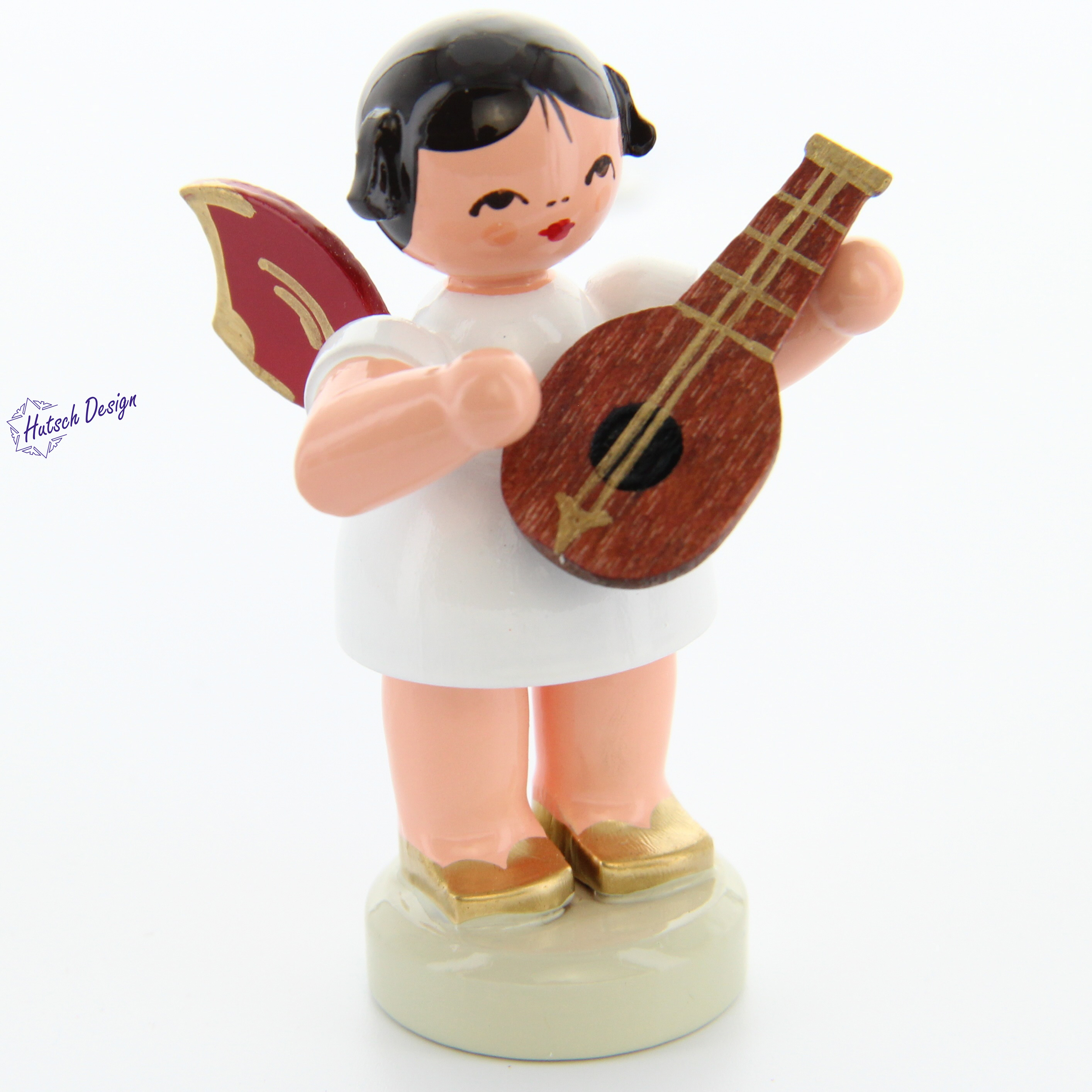 Engel stehend mit Mandoline, rote Flügel