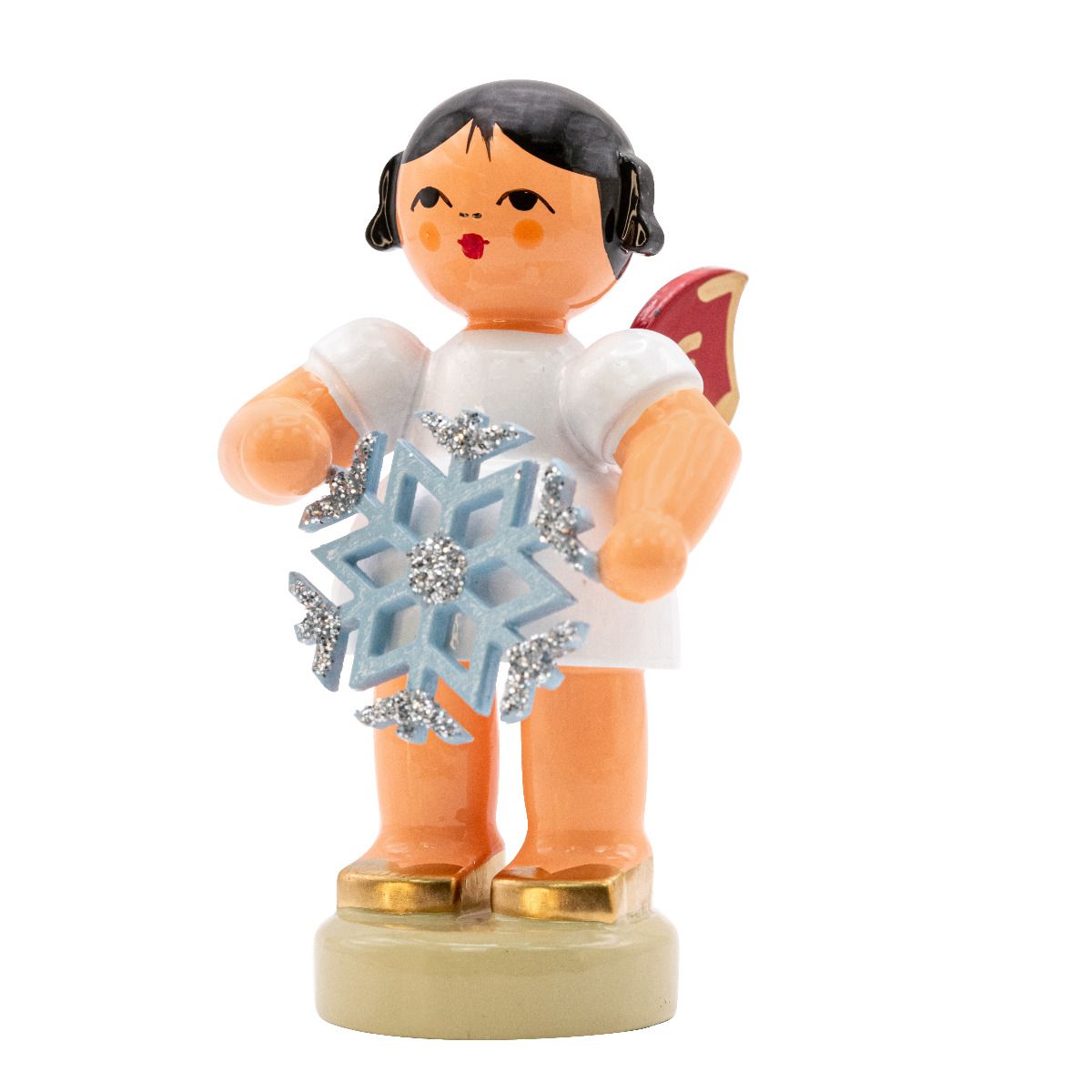 Engel stehend mit Schneekristall, rote Flügel 6cm