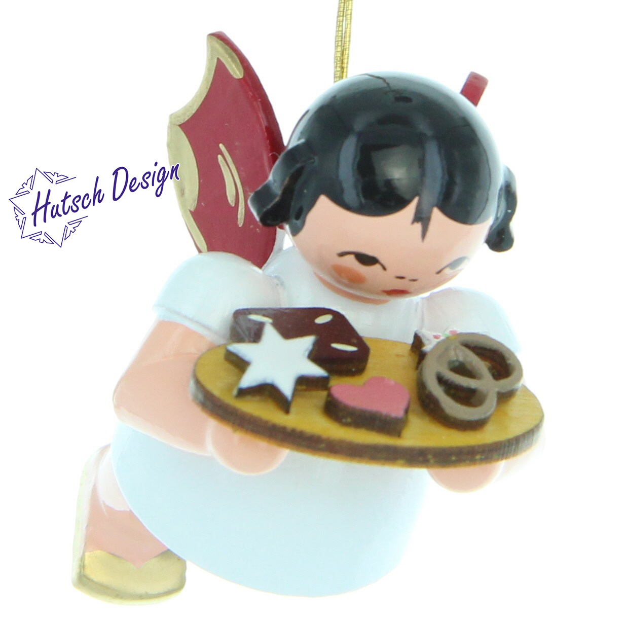 Engel schwebend mit Lebkuchenblech, rote Flügel