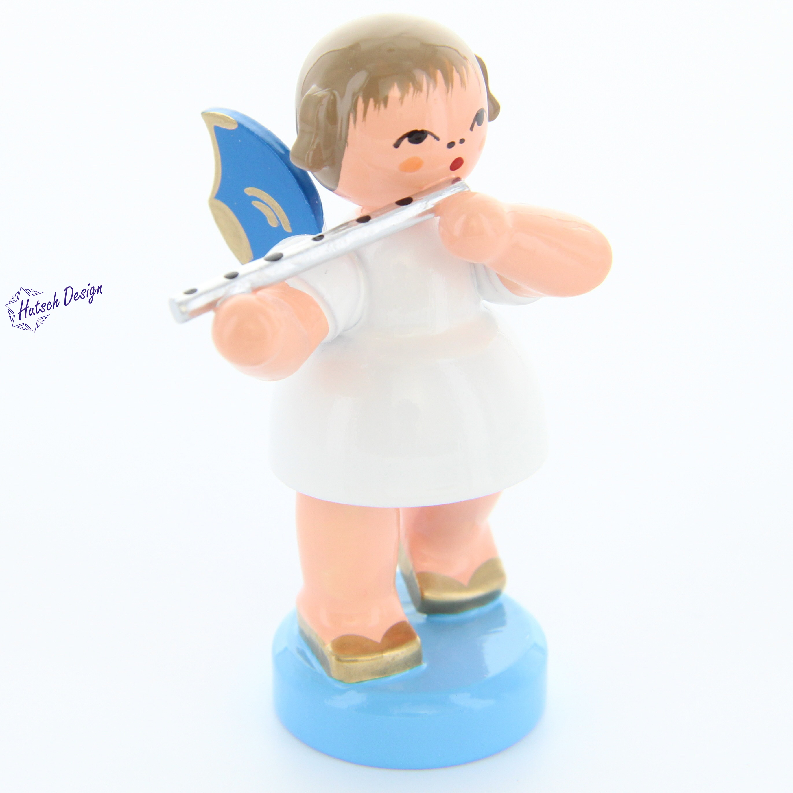 Engel stehend mit Querflöte, blaue Flügel