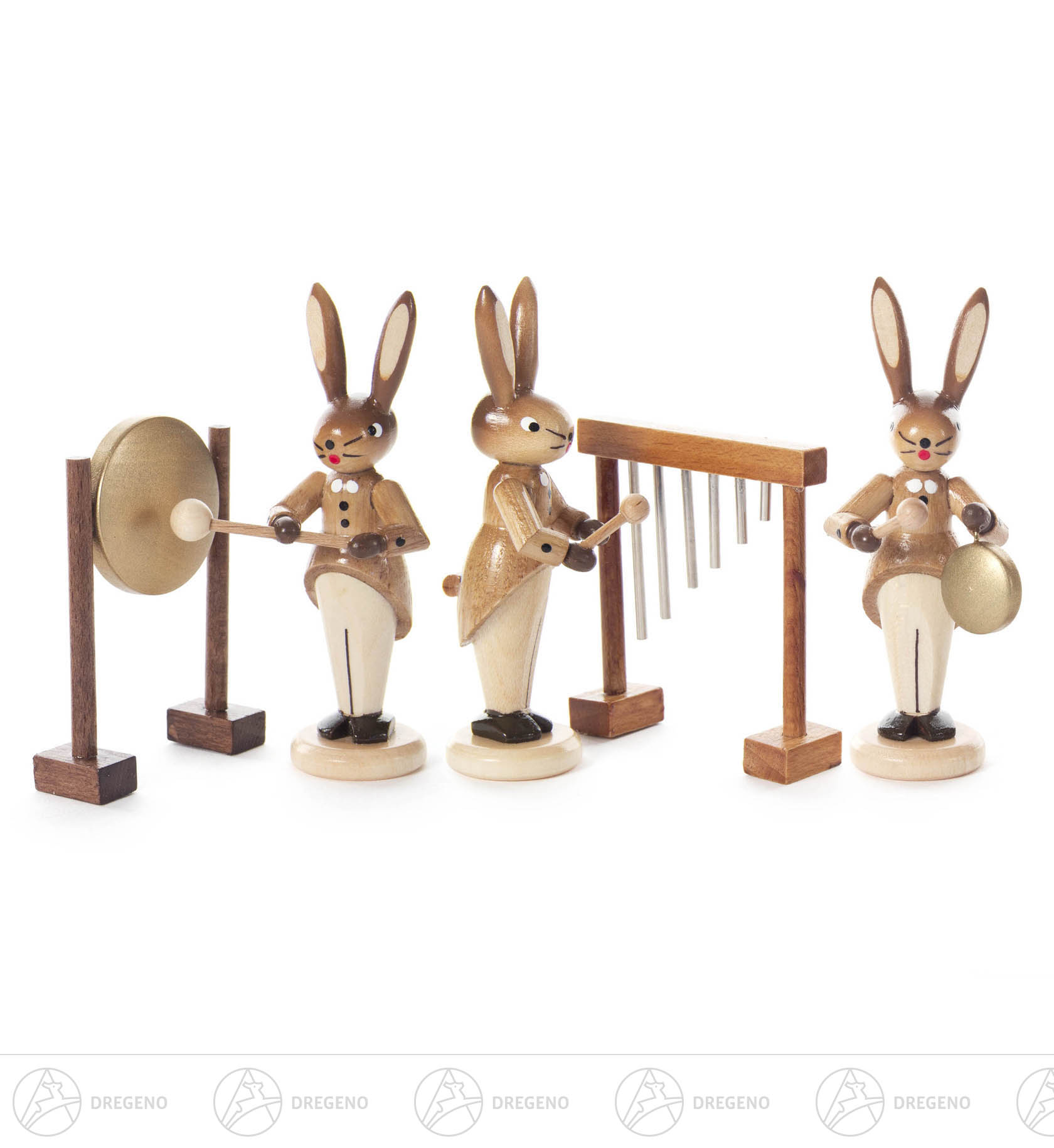 Hasentrio mit Glockenspiel, kleinem und großen Gong, natur 8cm