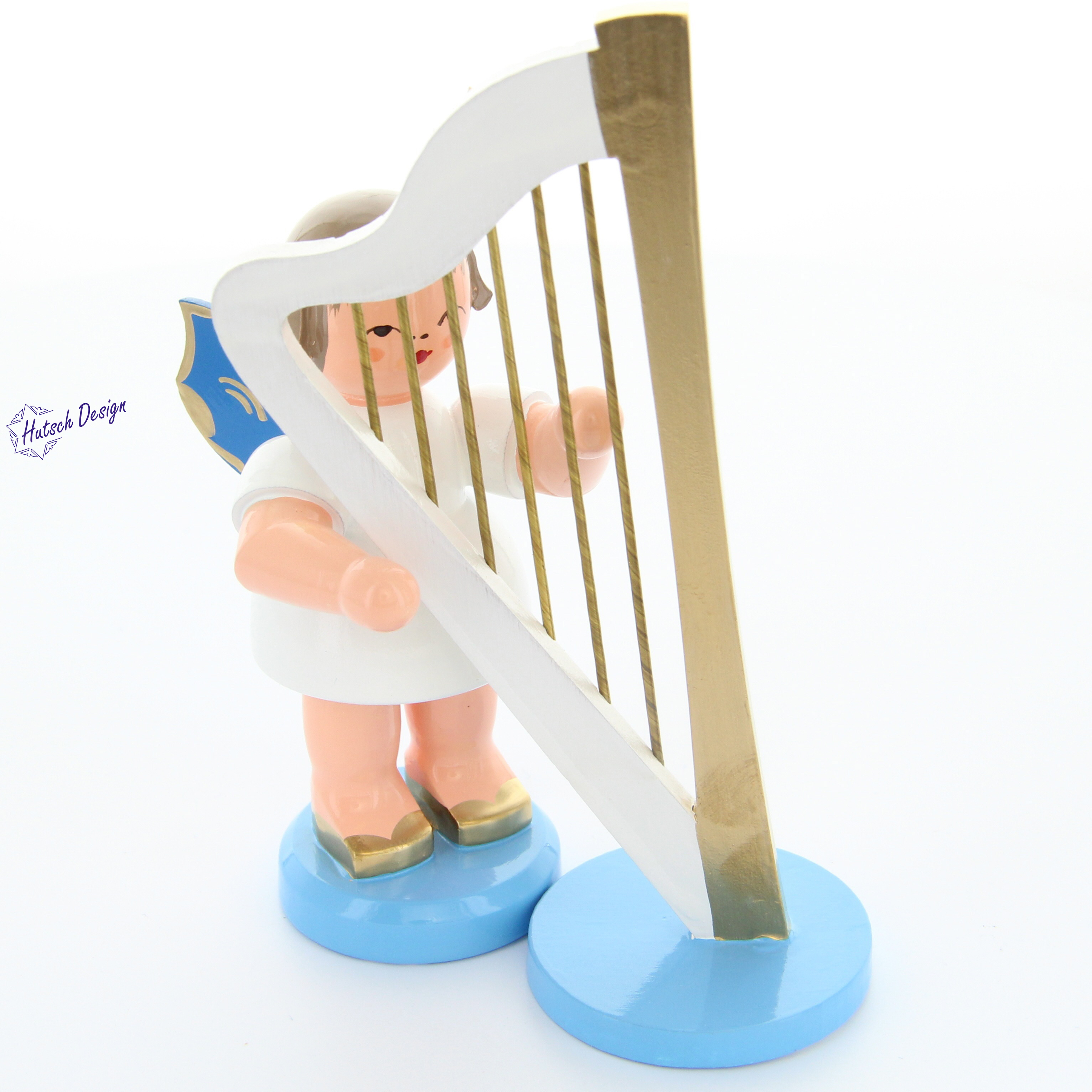 Engel stehend groß mit Harfe, blaue Flügel