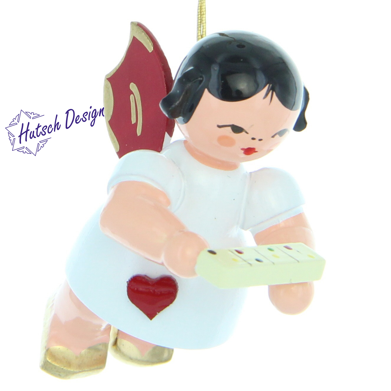 Herzengel schwebend mit Tablettenbox, rote Flügel