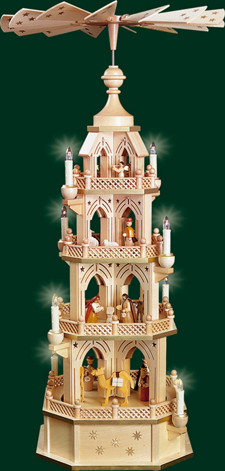 Pyramide Gotik, gesägt, Naturholz, Christi Geburt, 4-st., elektr. beleuchtet und betrieben  90 cm