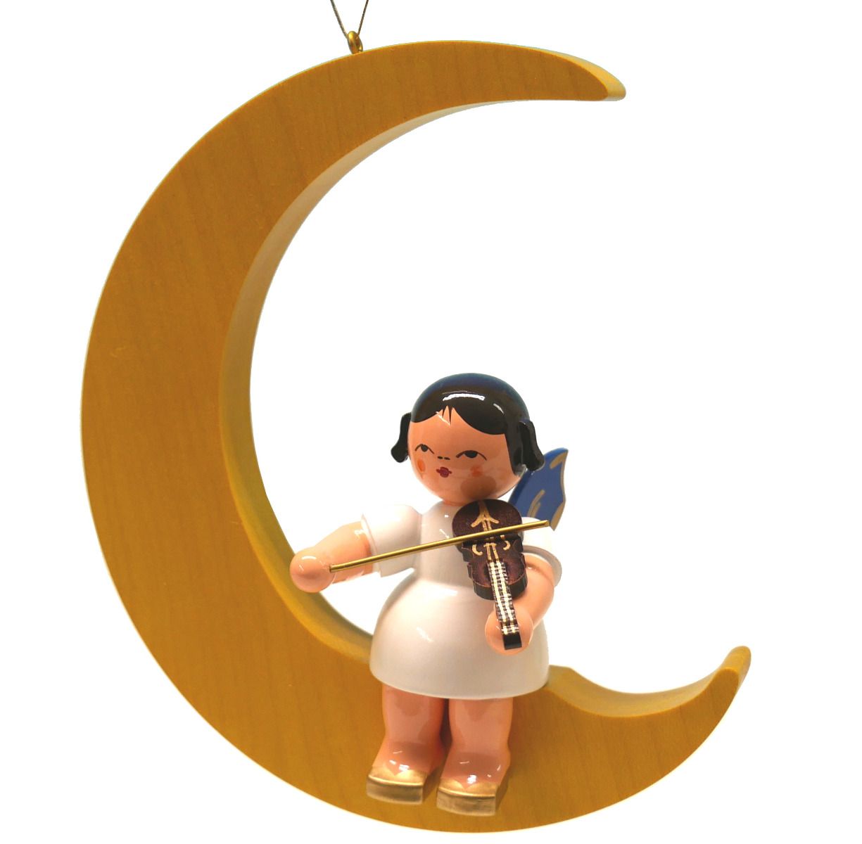 Engel sitzend groß mit Violine, Flügel blau, Mond gelb