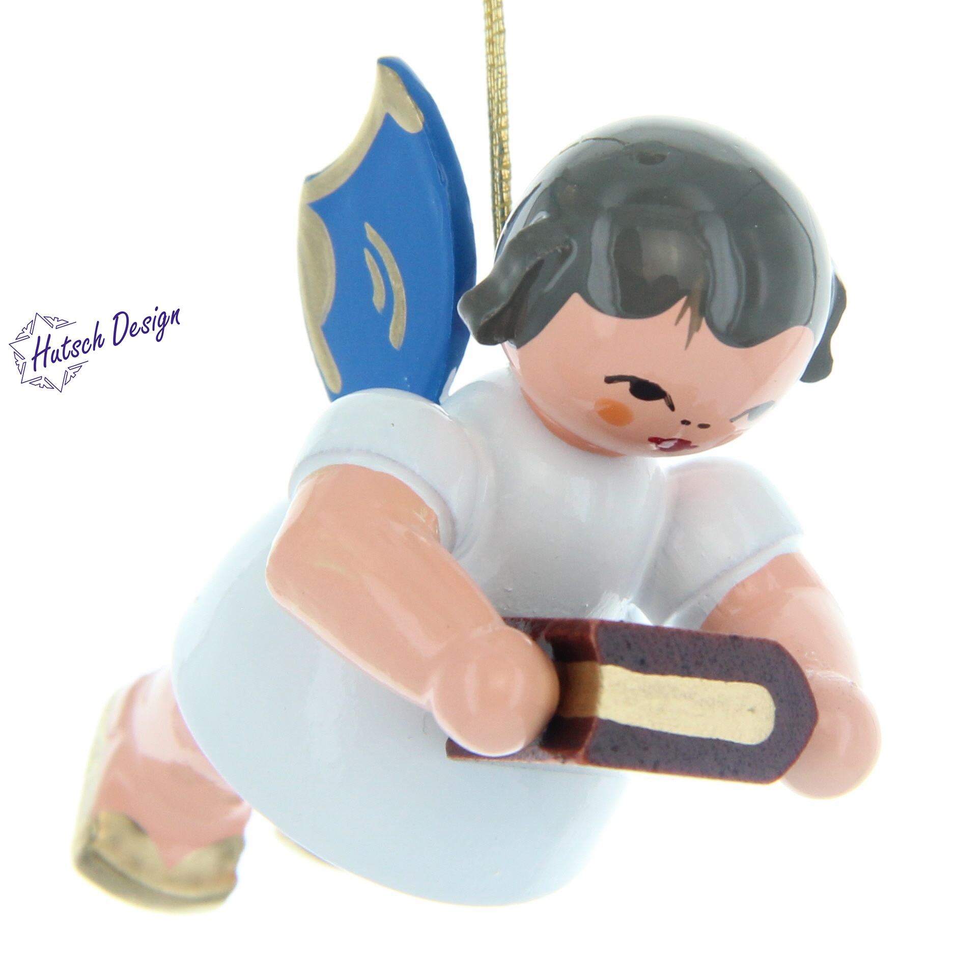 Engel schwebend mit Bibel, blaue Flügel