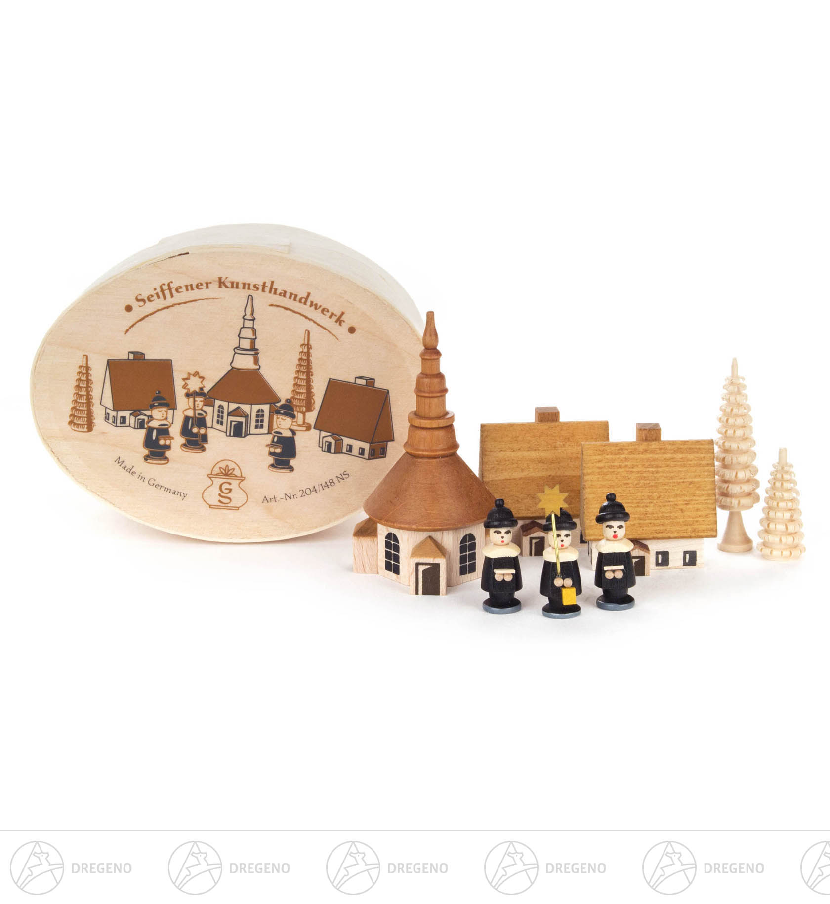 Kurrende mit Seiffener Kirche natur in Spandose 7cm