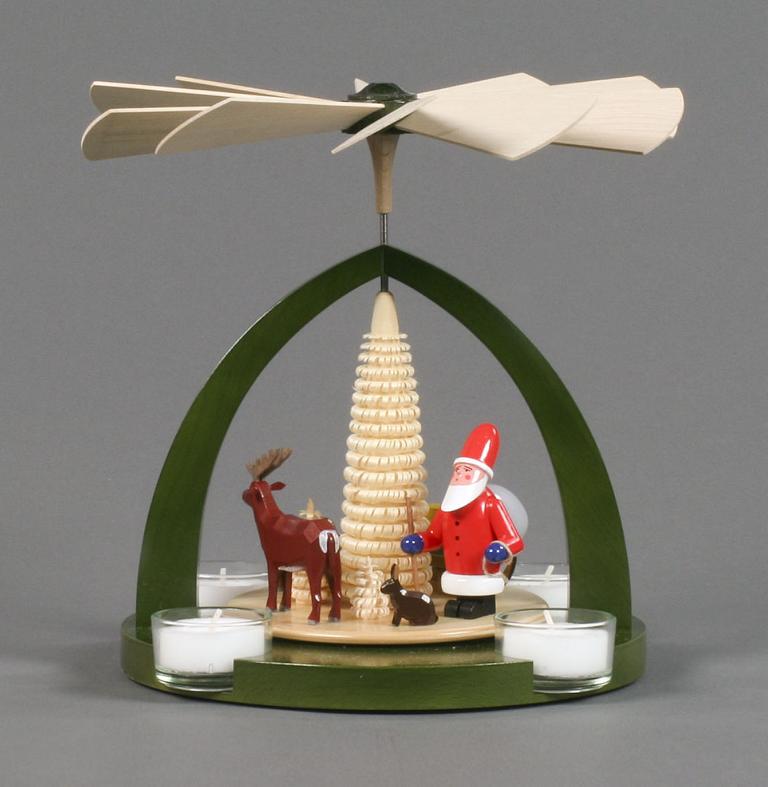 Pyramide mit Weihnachtsmann und Waldtieren, blau, für Teelichte Pyramide mit Weihnachtsmann und Waldtieren, blau, für Teelichte