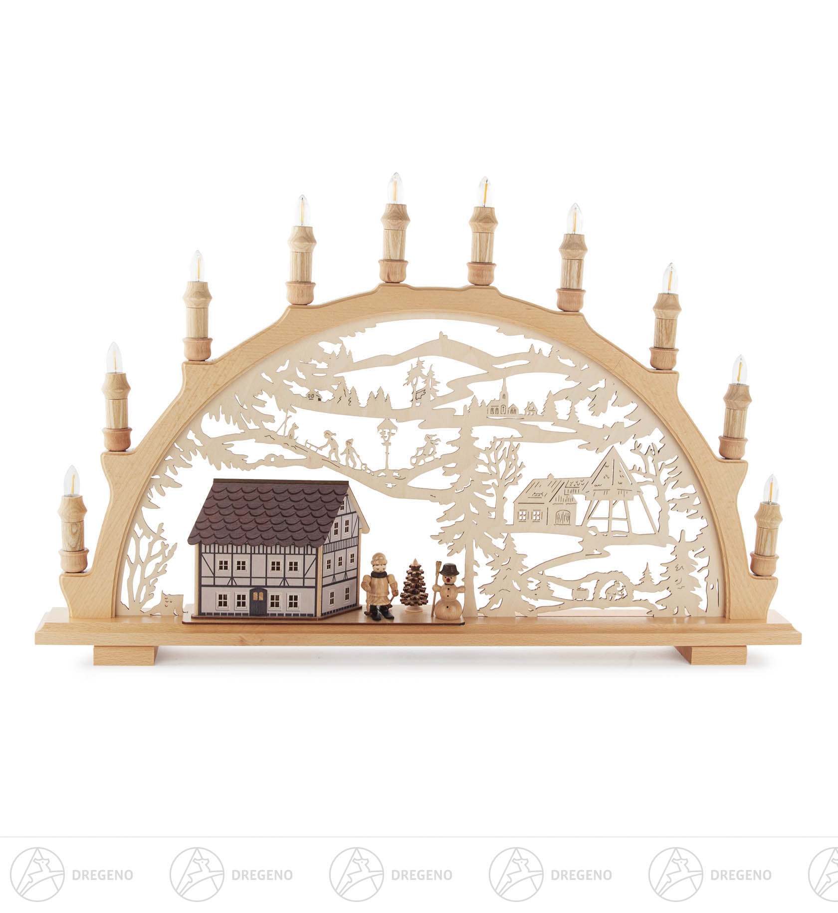 Schwibbogen mit Winterkindern Fachwerkhaus LED-Beleuchtung 41x66cm