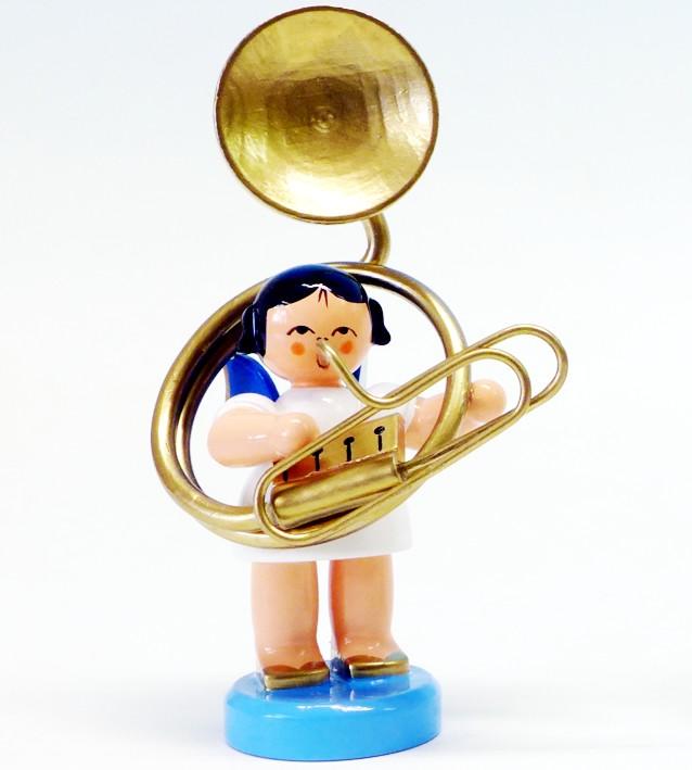 Engel stehend mit Susaphon, blaue Flügel